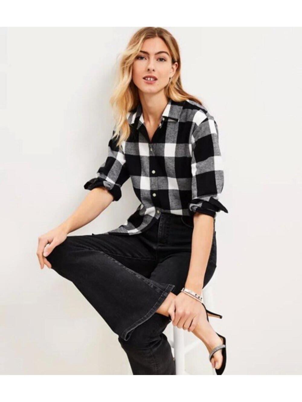 LOFT NWT Cotton Plaid Flannel Everyday Tunic Shirt in Black Check-Size Large